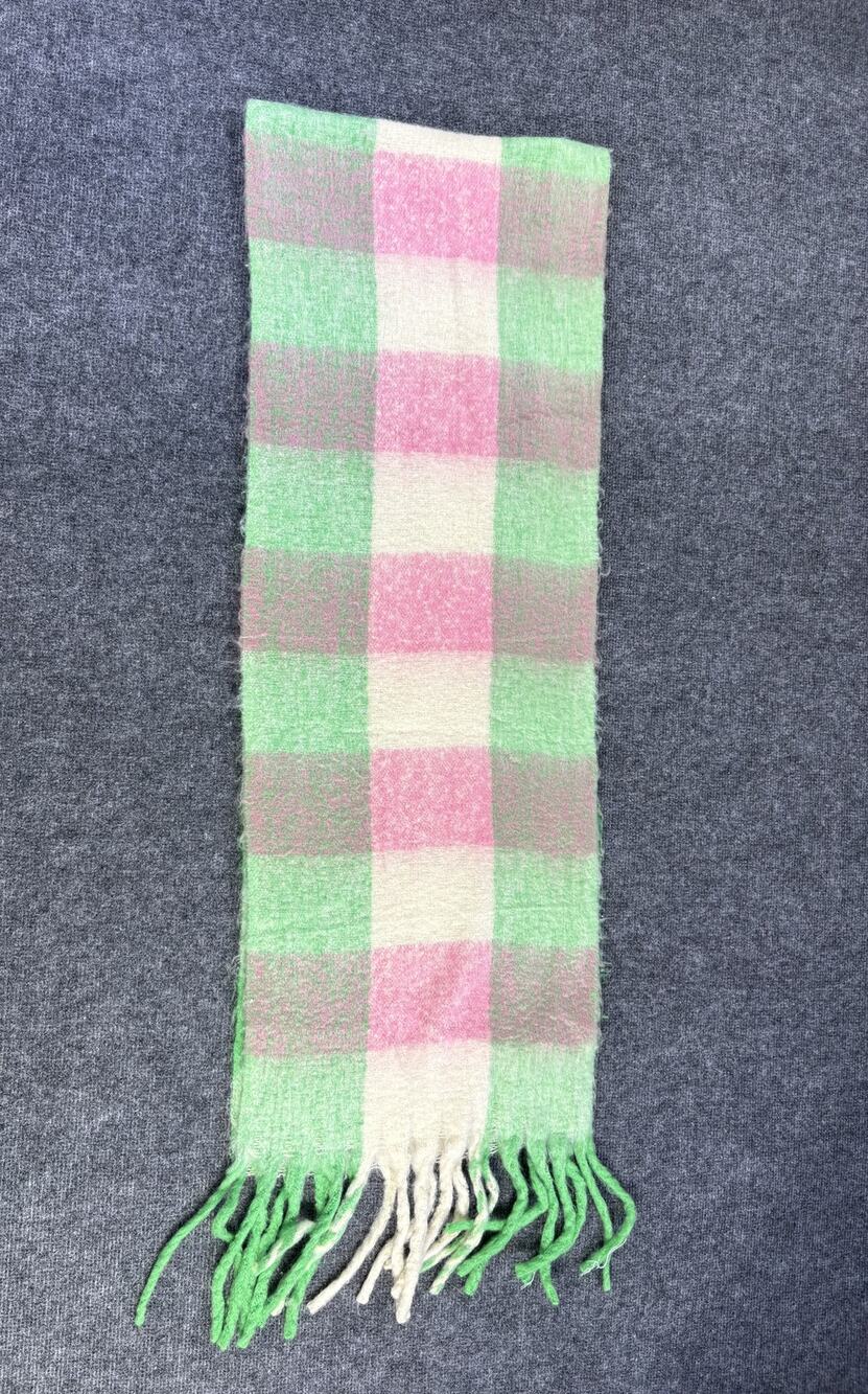 YKW Plaid Scarf Green Pink Cream Oversized Fringe Blanket Check Soft Fuzzy